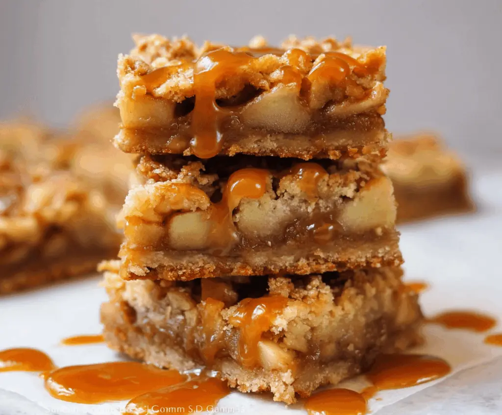 Delicious salted caramel apple bars with a golden crust, caramel drizzle, and fresh apple slices, perfect for a sweet fall treat