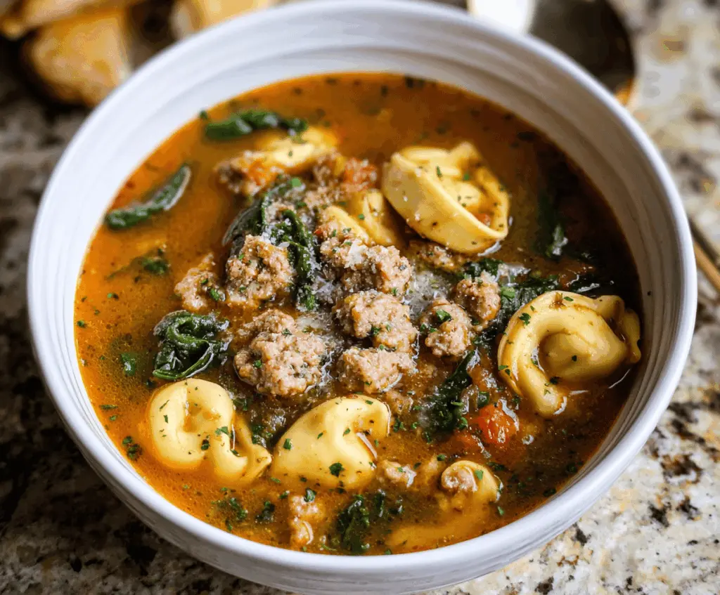 A steaming bowl of sausage tortellini soup with colorful vegetables and fresh herbs, served in a white bowl on a rustic wooden table.
