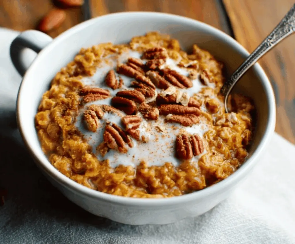 Creamy Slow Cooker Pumpkin Pie Oatmeal topped with whipped cream and cinnamon for a cozy breakfast