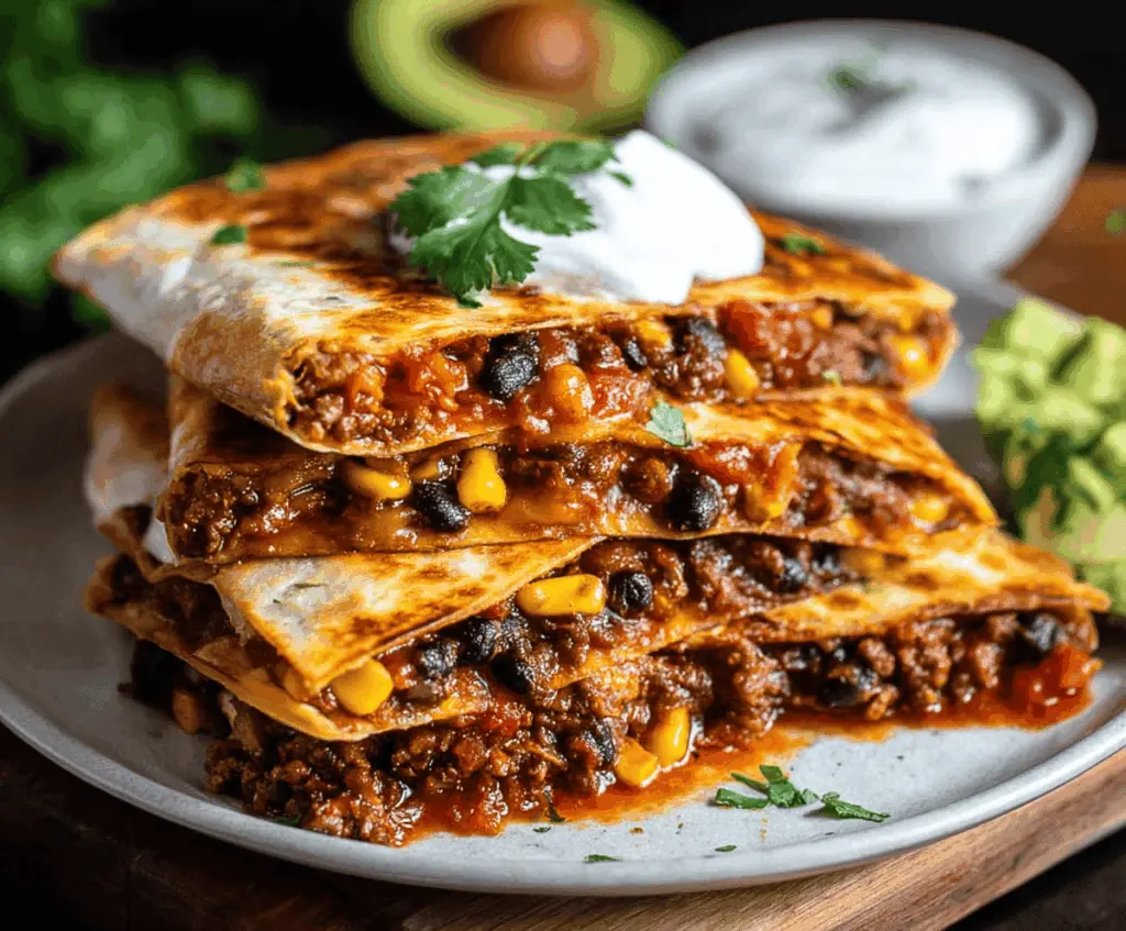 Delicious Southwest Beef and Black Bean Quesadillas filled with seasoned beef, black beans, melted cheese, and colorful bell peppers, served with fresh salsa and sour cream.
