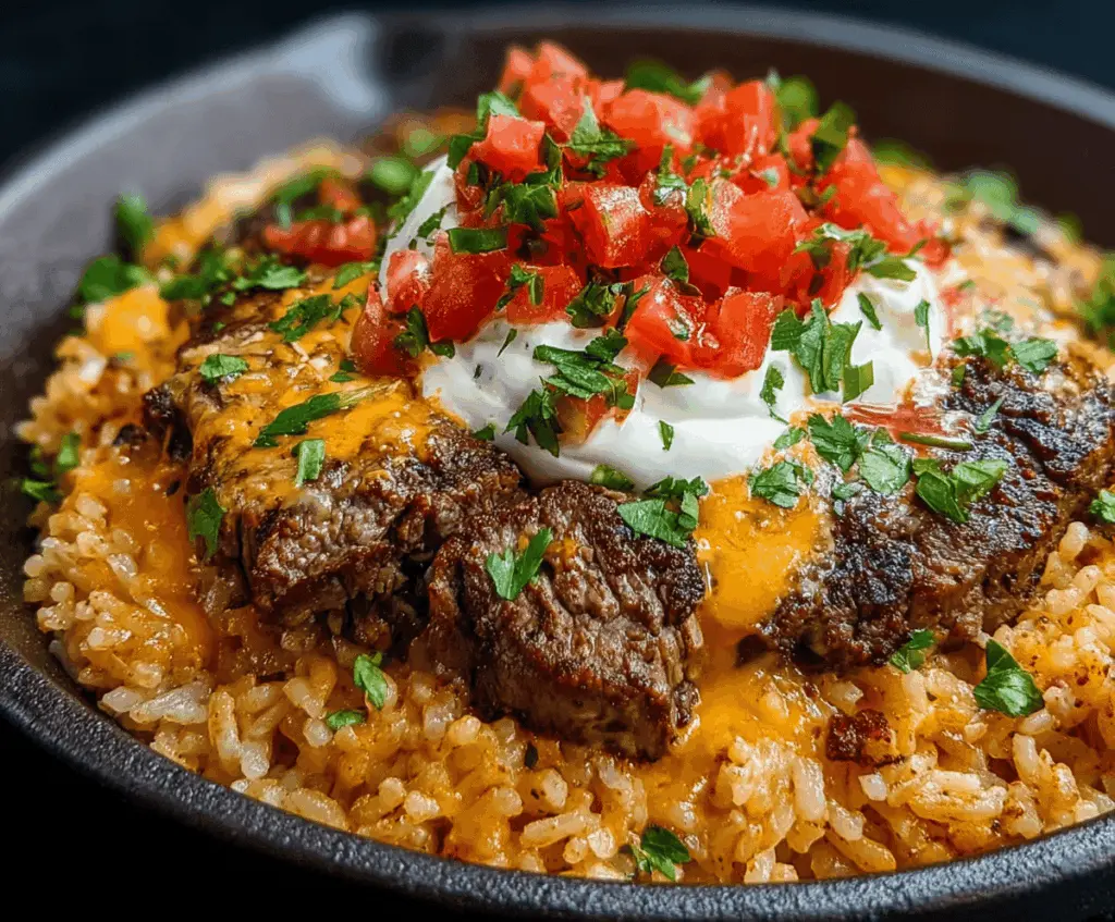 Delicious steak quesos rice topped with melted cheese and fresh herbs, served on a plate with side vegetables