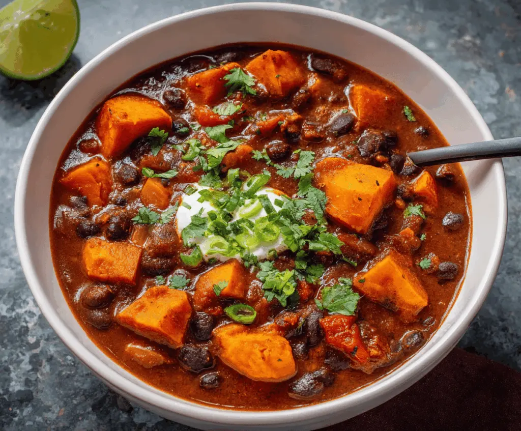 Hearty sweet potato and black bean chili garnished with fresh cilantro and diced tomatoes in a bowl.