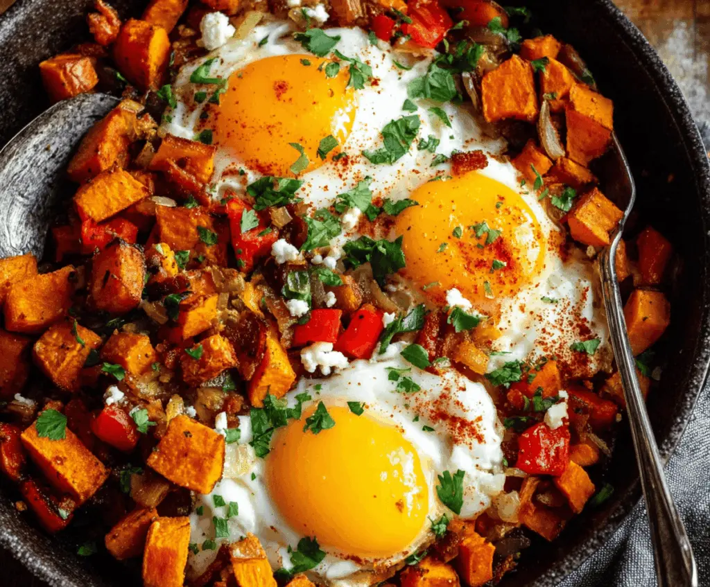 Delicious sweet potato breakfast hash topped with sunny-side-up eggs and fresh herbs, perfect for a nutritious morning meal.
