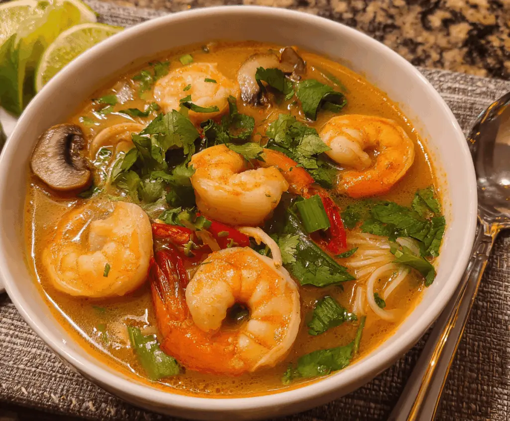A steaming bowl of Thai Shrimp Soup garnished with fresh herbs, vegetables, and lime wedges, showcasing vibrant colors and flavorful ingredients.