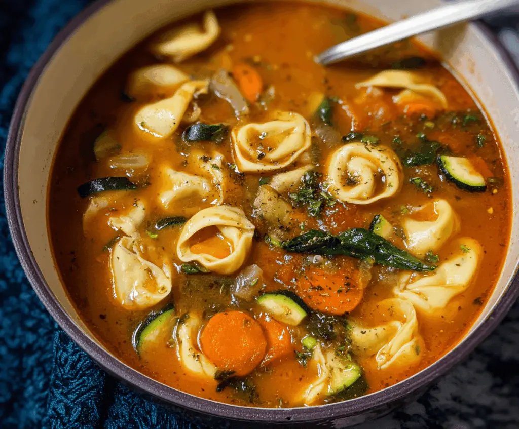 Creamy Vegetable Tortellini Soup with fresh spinach, colorful vegetables, and tender tortellini in a savory broth