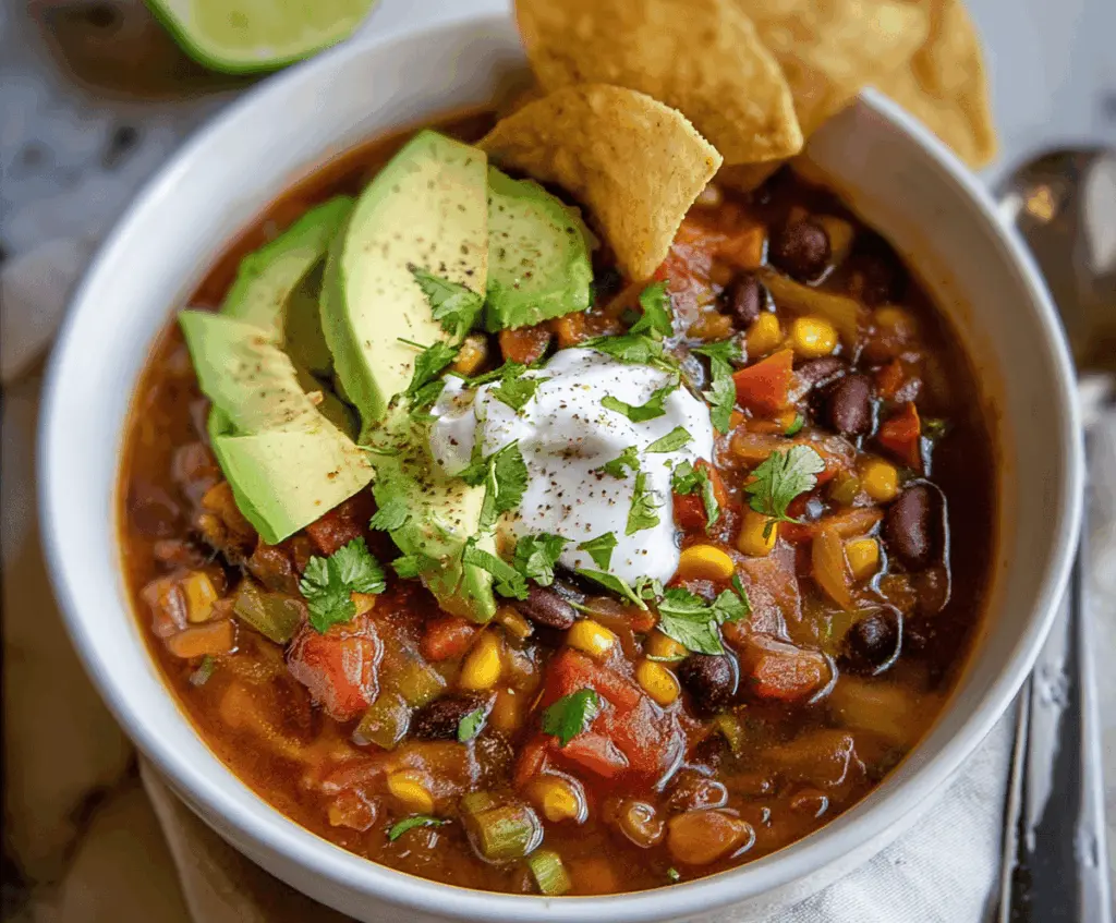 Hearty vegetarian taco soup in a bowl with fresh toppings, served with tortilla chips and garnished with cilantro and shredded cheese.