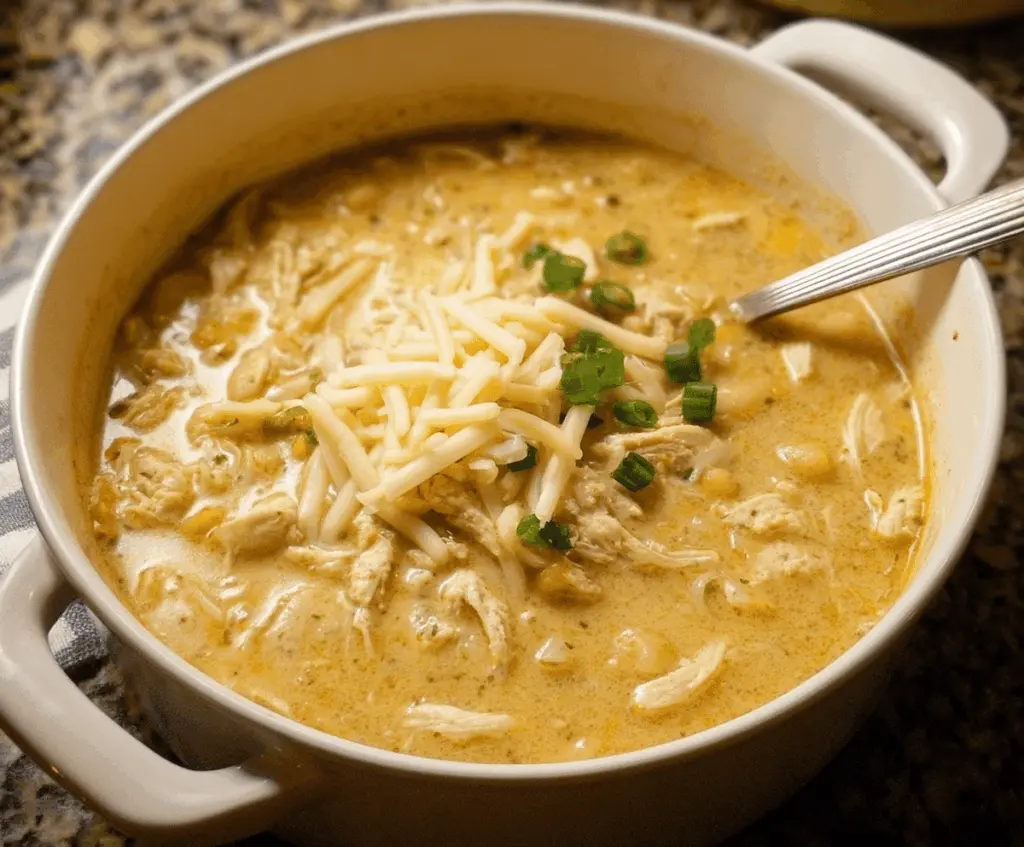 Creamy white chicken chili topped with fresh herbs and shredded cheese in a bowl, served with tortilla chips and lime wedge.
