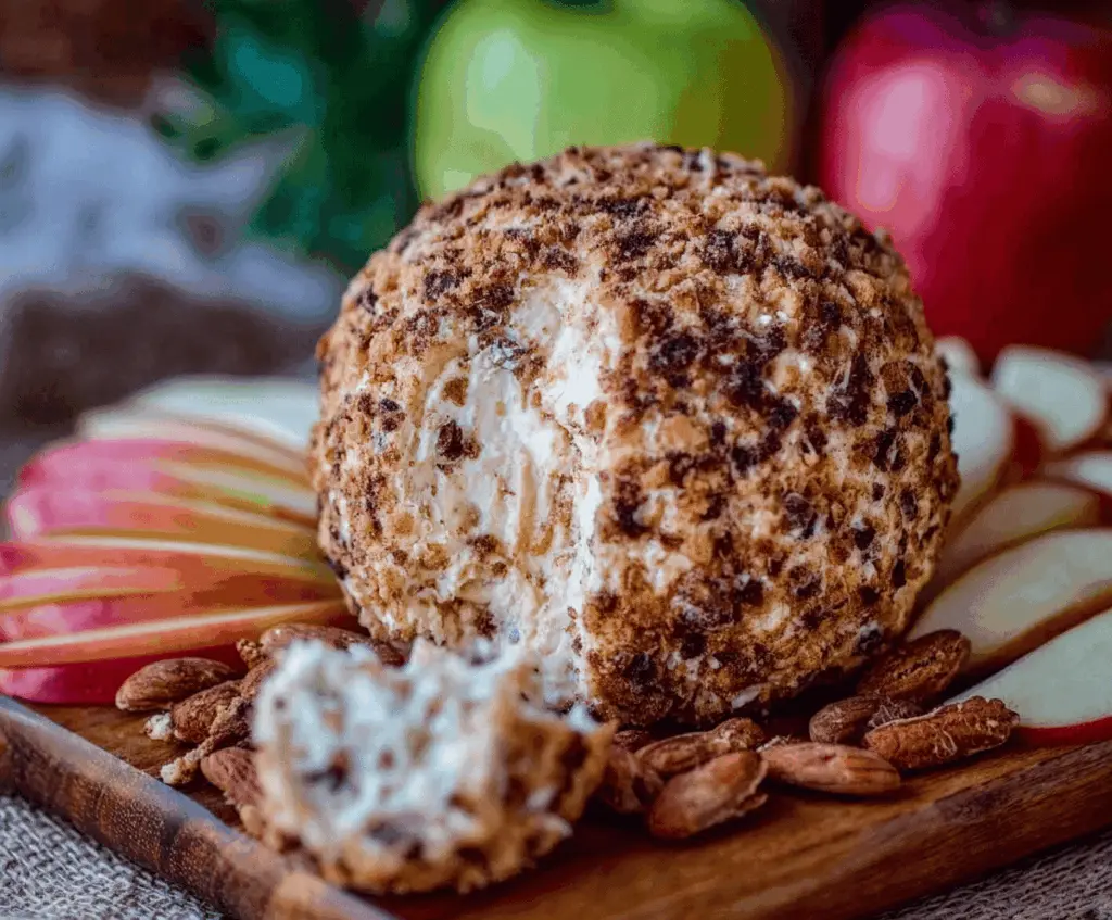 Creamy Apple Cider Cheese Ball garnished with chopped nuts and fresh herbs, perfect for holiday appetizers