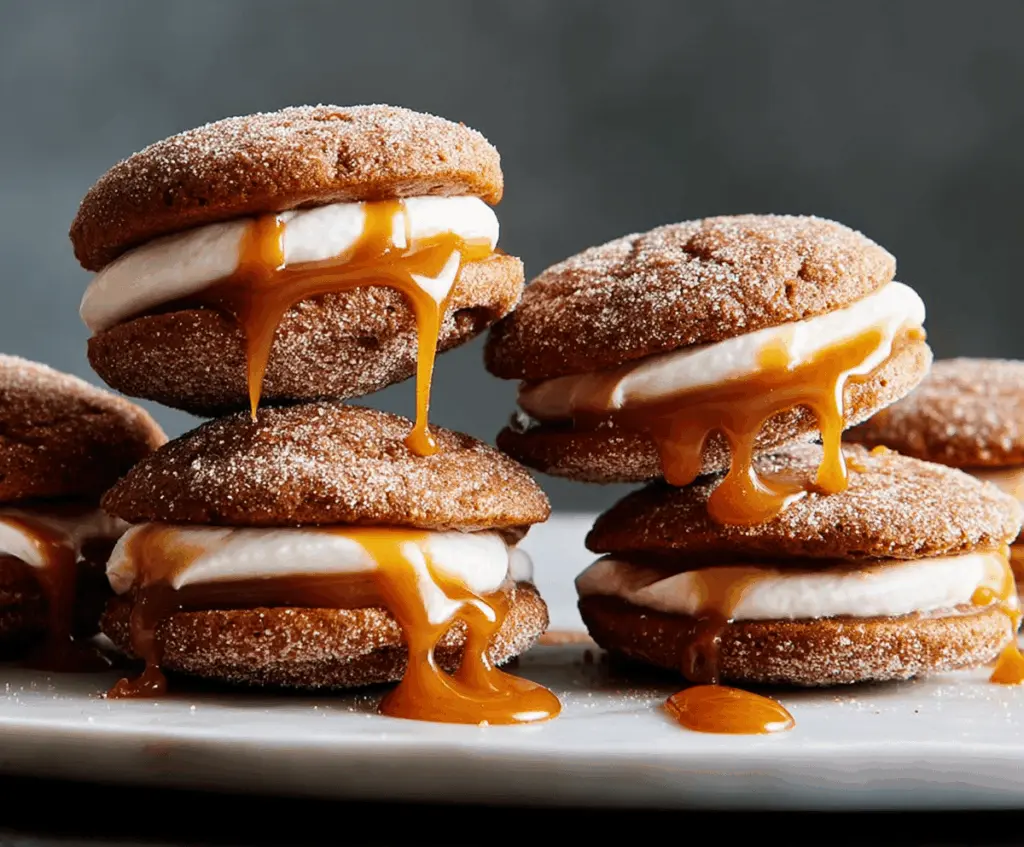 Delicious apple cider whoopie pie cookies filled with creamy caramel frosting on a white plate