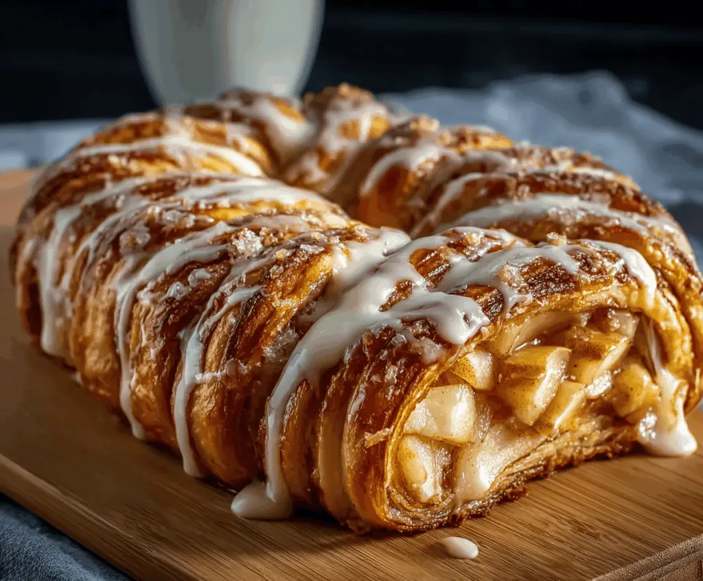 Delicious homemade apple kringle topped with vanilla glaze and fresh apple slices, served on a white plate