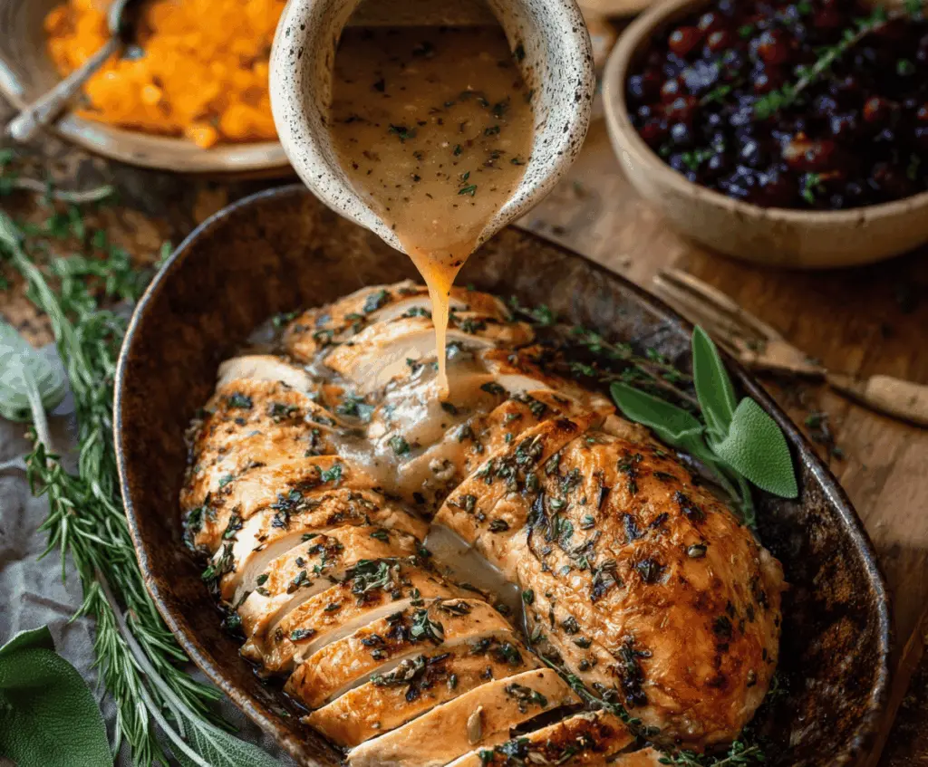 Creamy brown butter herb turkey gravy served over sliced turkey breast, garnished with fresh herbs for a flavorful holiday meal.