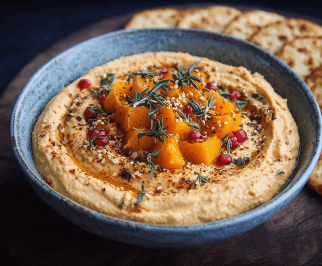 Creamy butternut squash hummus garnished with olive oil and herbs, served with fresh vegetable sticks for a healthy snack.