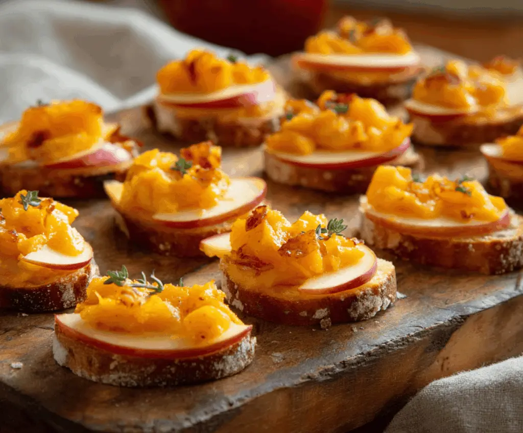 Creamy cheddar cheese and crisp apple slices on toasted crostini garnished with fresh herbs, perfect for an elegant appetizer.