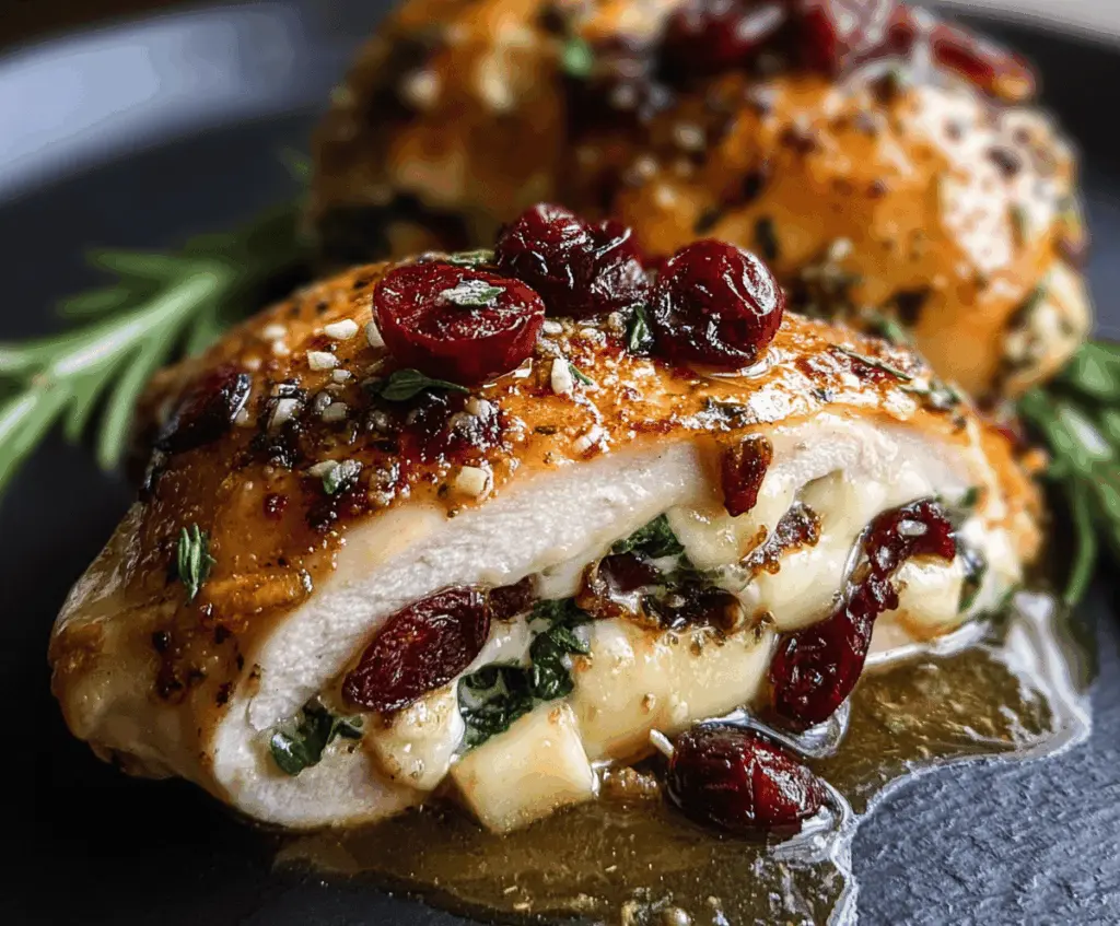 Juicy stuffed chicken breast filled with cranberry and melted Brie cheese, garnished with fresh herbs, on a white plate perfect for holiday dinners.