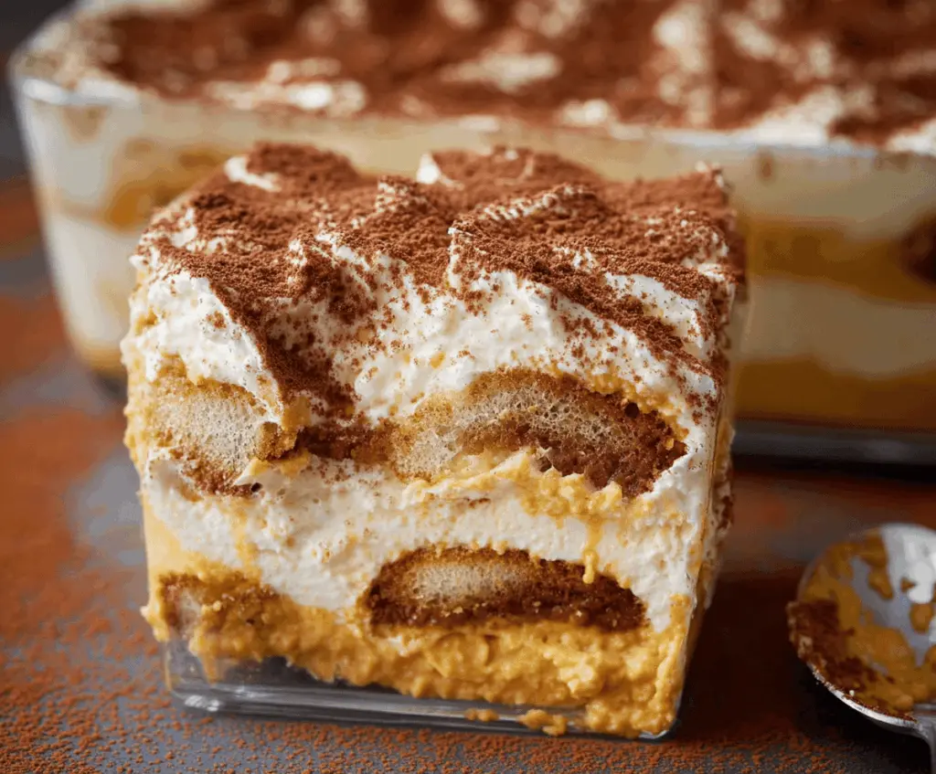 Creamy Pumpkin Spice Tiramisu dessert with layered mascarpone cheese, pumpkin puree, and cinnamon, topped with cocoa powder for a flavorful fall treat