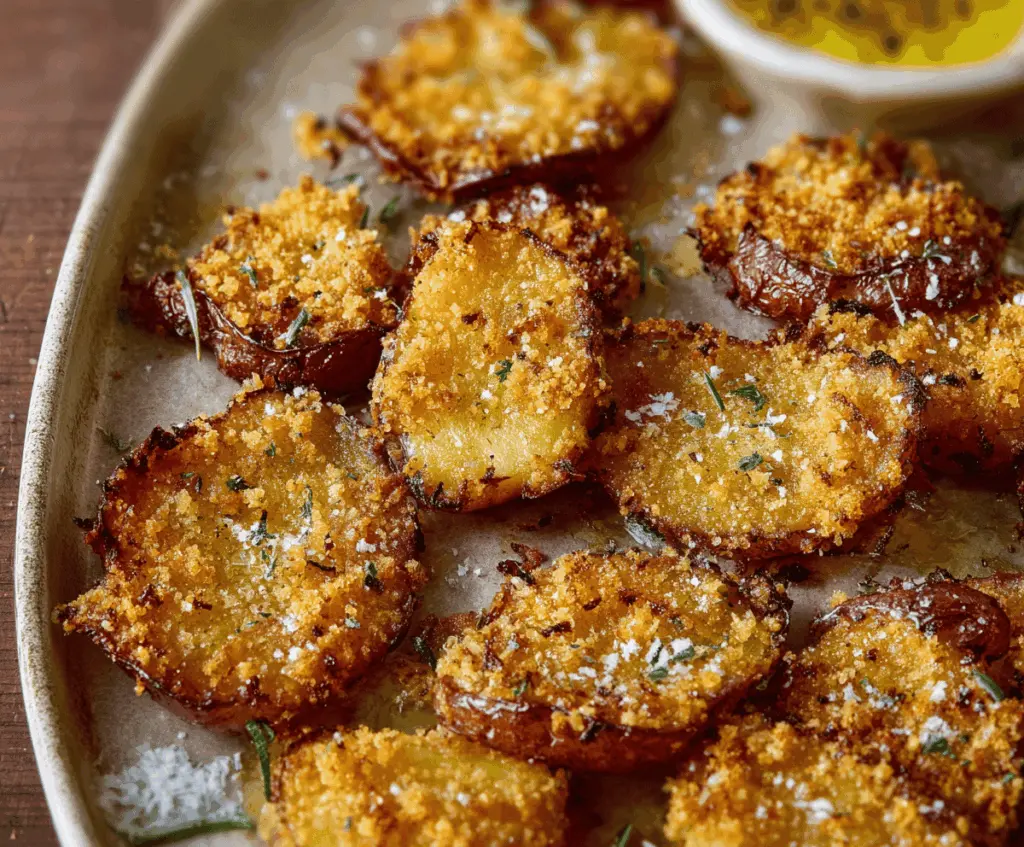 Golden crispy Parmesan smashed potatoes garnished with fresh herbs, perfect as a flavorful side dish