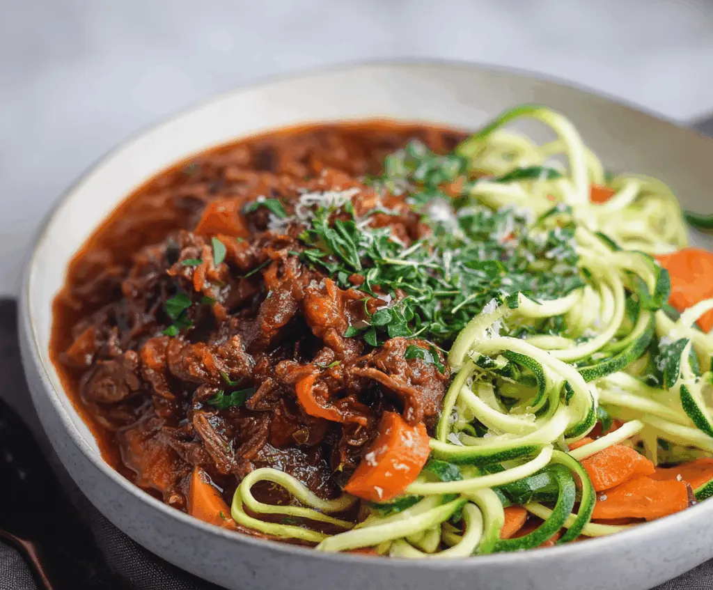 Delicious easy beef ragu served over colorful spiralized vegetables, healthy and flavorful dinner option