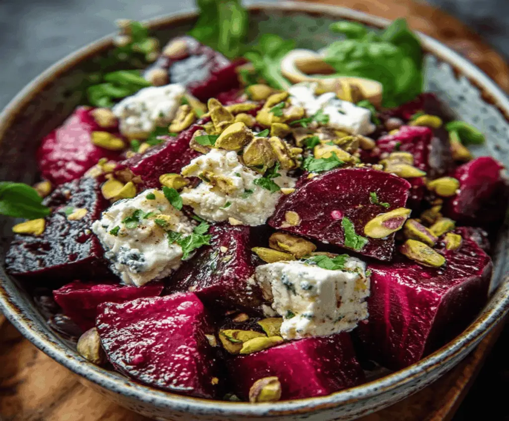 Fresh beet and feta salad topped with crunchy pistachios, perfect for a healthy meal.