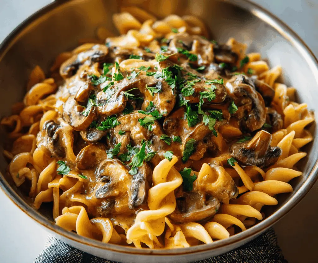 Creamy vegan mushroom stroganoff served over noodles, perfect for a quick vegetarian dinner.