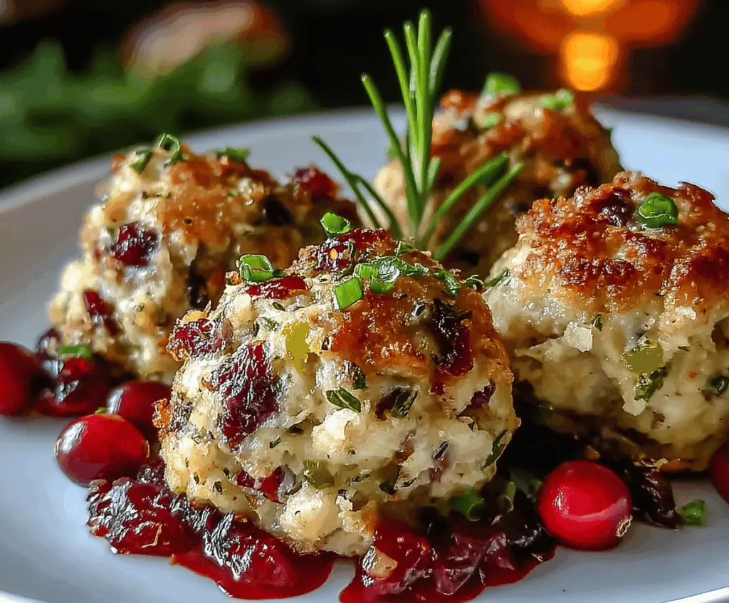Delicious Festive Cranberry Turkey Stuffing Balls served as a holiday appetizer.