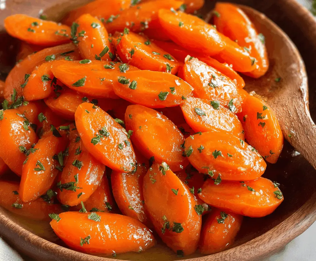 Sweet and tender glazed carrots garnished with fresh herbs, served on a white plate