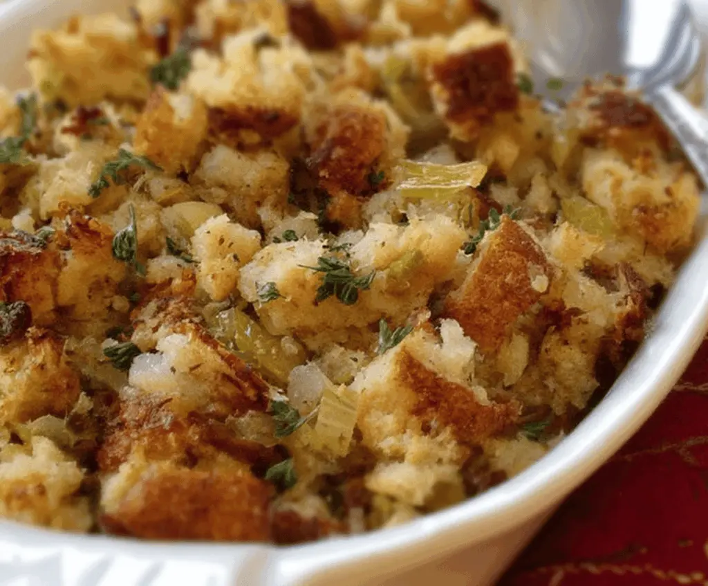 Delicious homemade Thanksgiving stuffing prepared by grandma with bread and herbs.