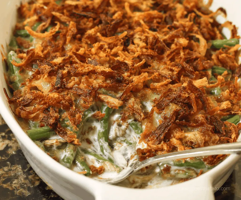 Delicious green bean casserole topped with crispy fried onions in a baking dish, perfect for holiday dinners.