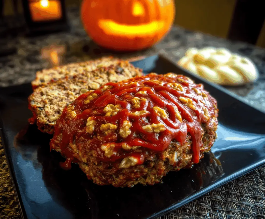 Spooky Halloween Brain Meatloaf decorated to resemble a gruesome brain, perfect for Halloween parties and themed dinners.