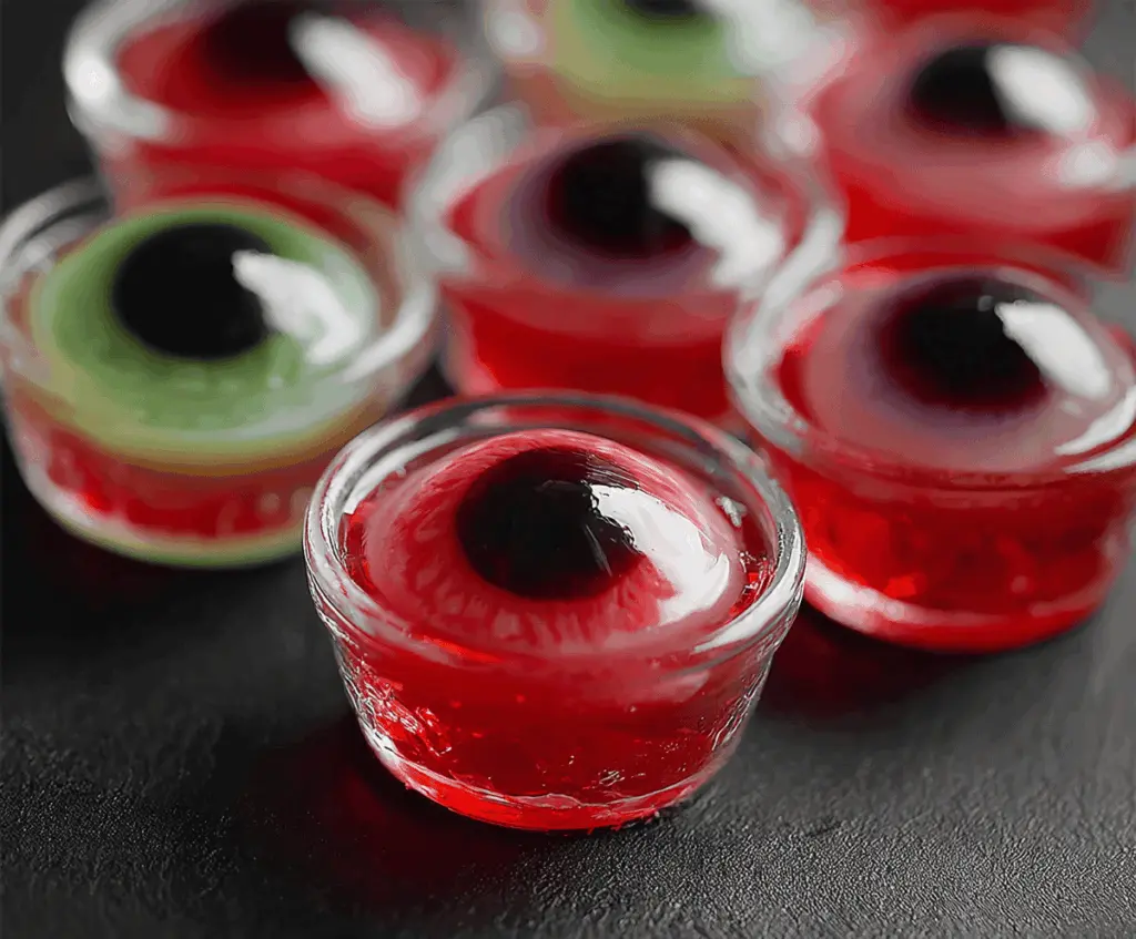 Colorful Halloween Eyeball Jello Shots with gummy eyeballs and spooky decorations on a festive platter