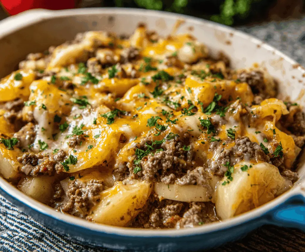Delicious Hobo Casserole with Ground Beef in a baking dish, topped with cheese and fresh herbs, perfect for a hearty and easy family dinner.