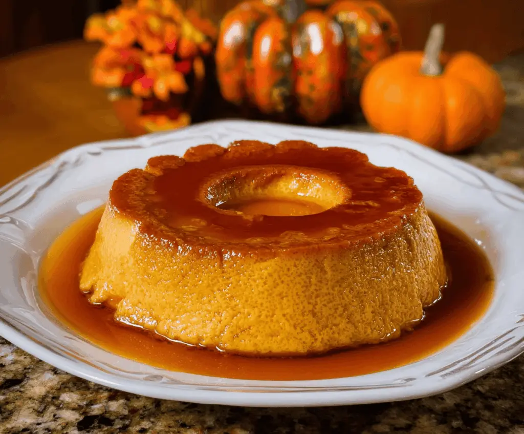 Creamy homemade pumpkin flan topped with caramel sauce, perfect for fall desserts and holiday gatherings.