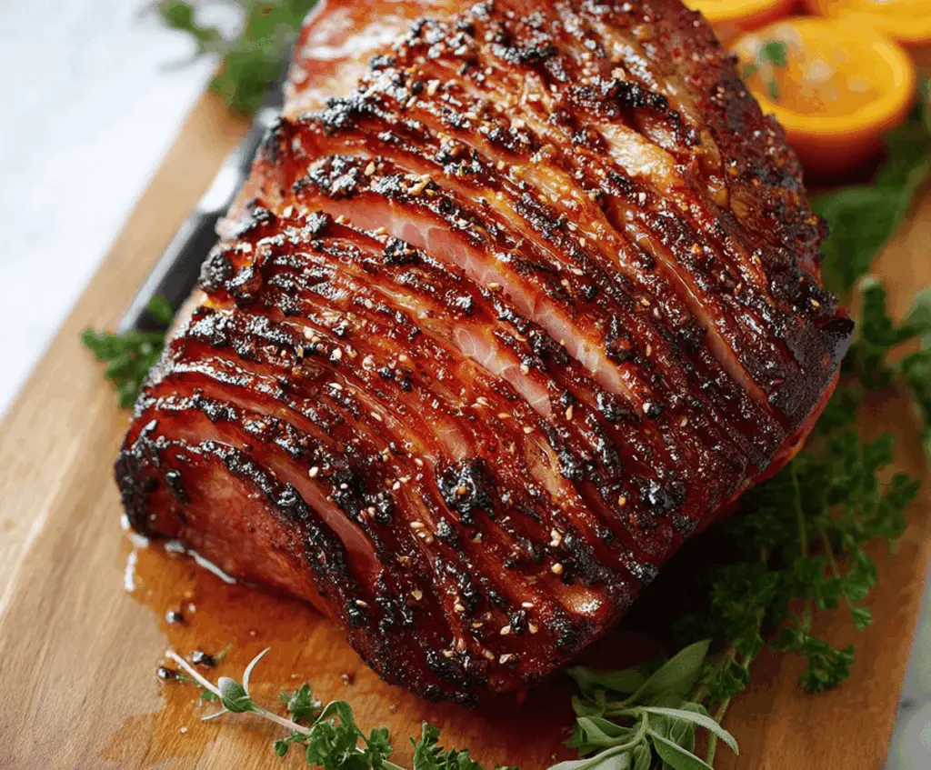 Juicy Honey-Garlic Spiral Ham glazed with honey and garlic, served on a platter with fresh herbs and side dishes