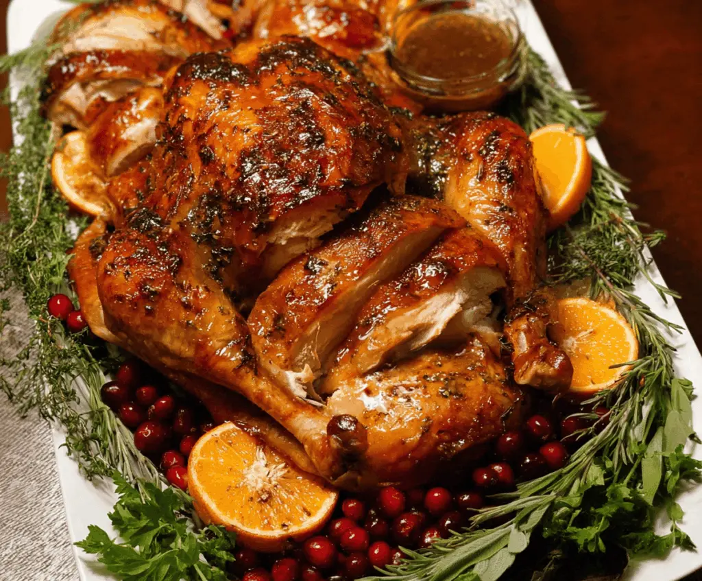 Juicy brined roast turkey served on a platter, perfect for a holiday feast