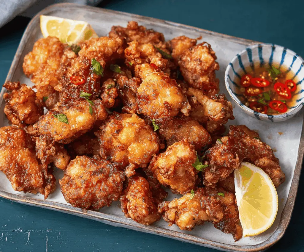 Juicy Japanese-style karaage chicken, crispy fried chicken bites garnished with lemon and served with dipping sauce, perfect for a delicious homemade Japanese fried chicken recipe