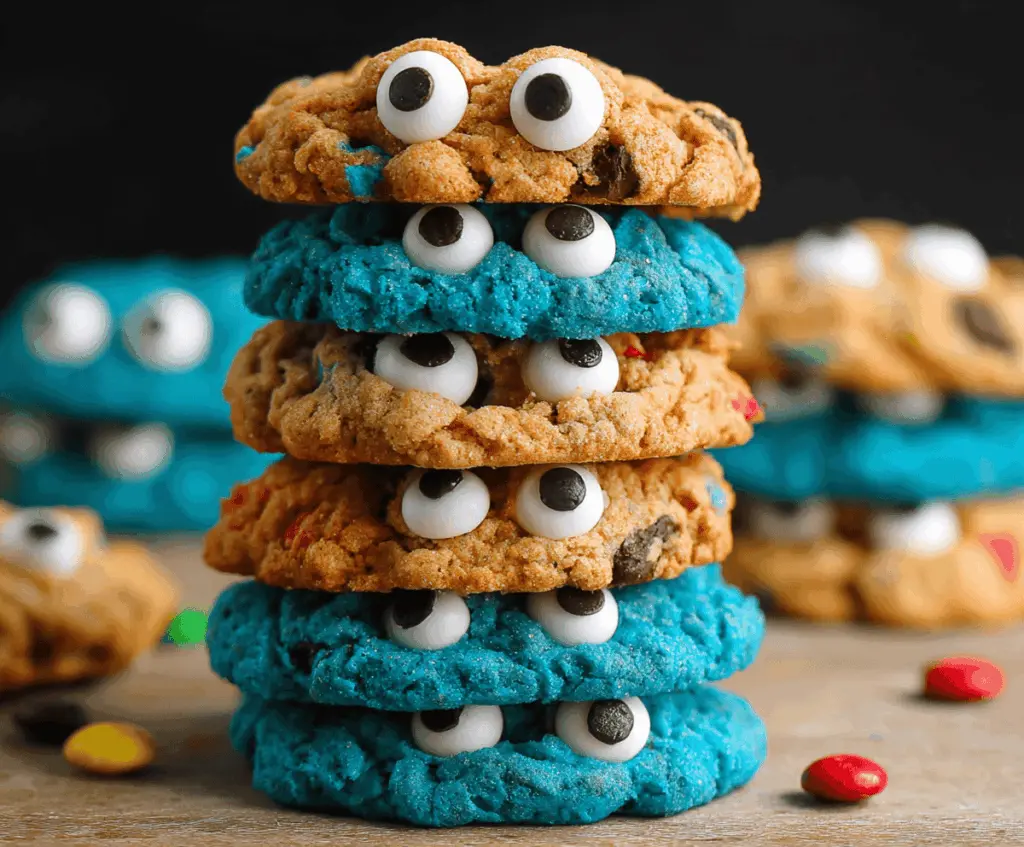 Delicious homemade Monster Cookies with colorful candies, chocolate chips, oats, and peanut butter on a baking sheet