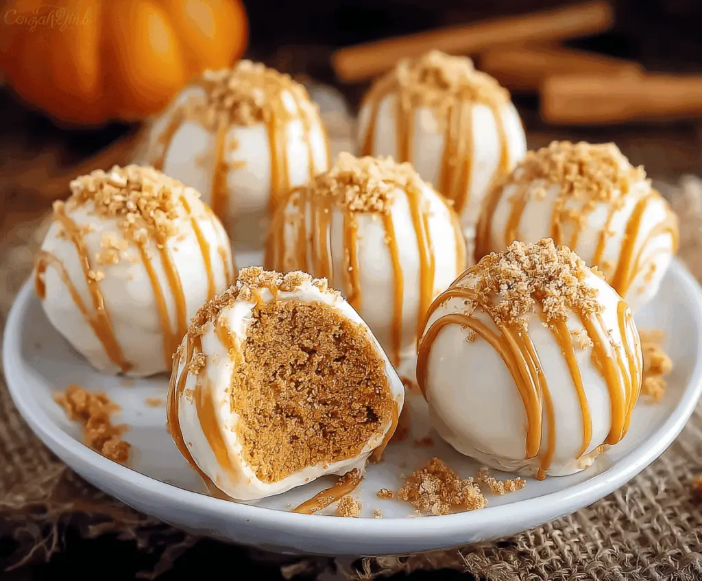 Creamy no-bake pumpkin cheesecake balls coated in crushed graham crackers, perfect for fall desserts and holiday treats.
