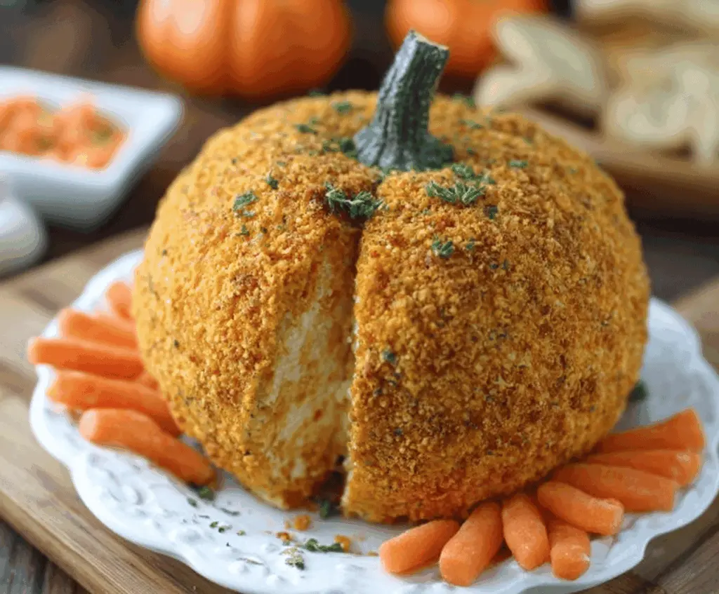 Creamy pumpkin cheese ball decorated with walnuts and herbs, perfect for fall parties and holiday celebrations.