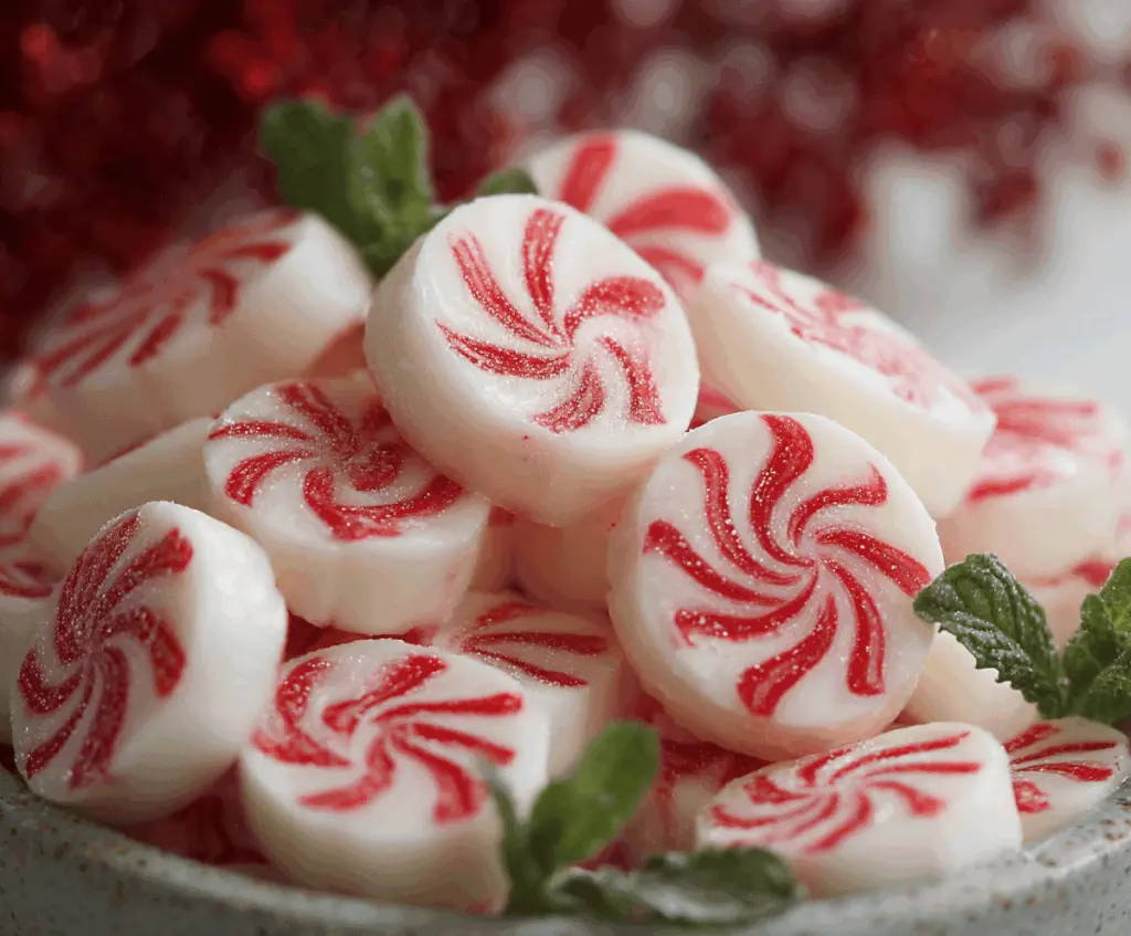 Delicious soft Christmas peppermint candies on a festive plate, perfect for holiday treats.