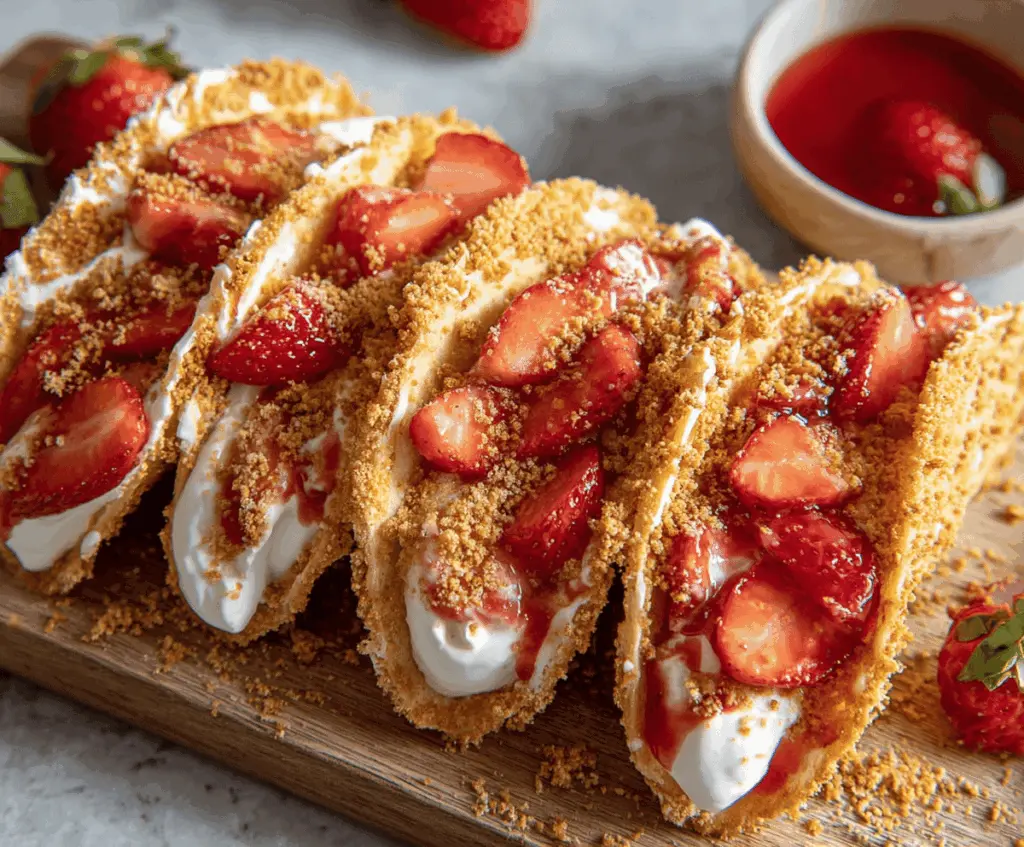 Delicious strawberry crunch cheesecake tacos topped with fresh strawberries and crunchy cookie crumbs on a white plate
