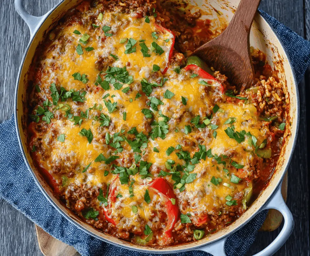 Delicious stuffed pepper casserole topped with melted cheese and fresh herbs, served in a baking dish.