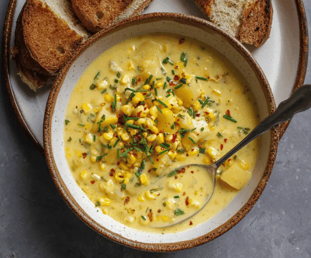 Creamy sweet corn and potato chowder garnished with fresh herbs in a bowl, perfect for a hearty comfort meal.
