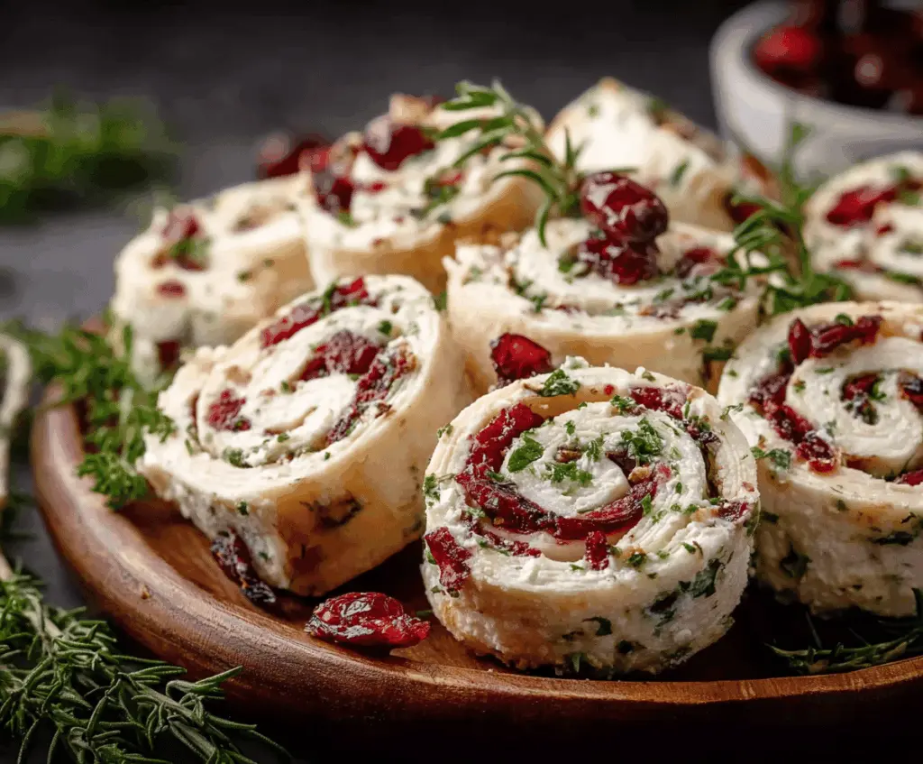 Delicious Christmas cranberry feta pinwheels on a holiday platter, perfect for festive gatherings.
