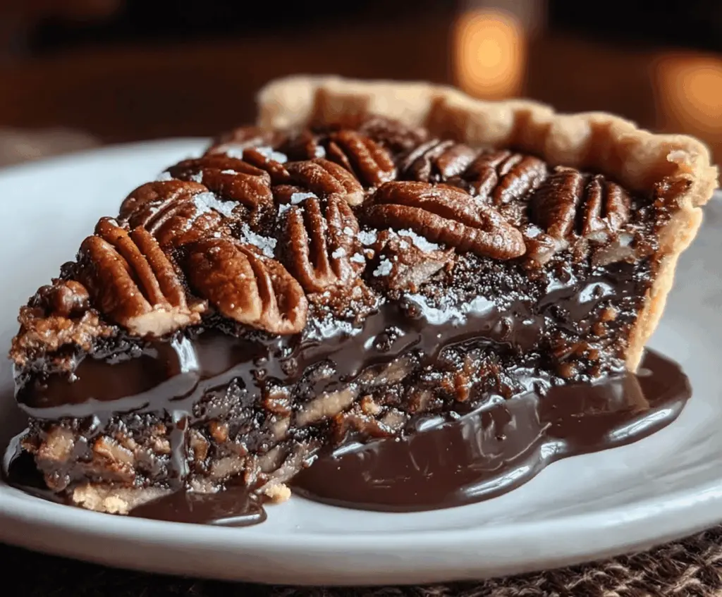 Delicious slice of Texas Chocolate Pecan Pie topped with whipped cream and chocolate drizzle on a rustic plate, perfect for dessert
