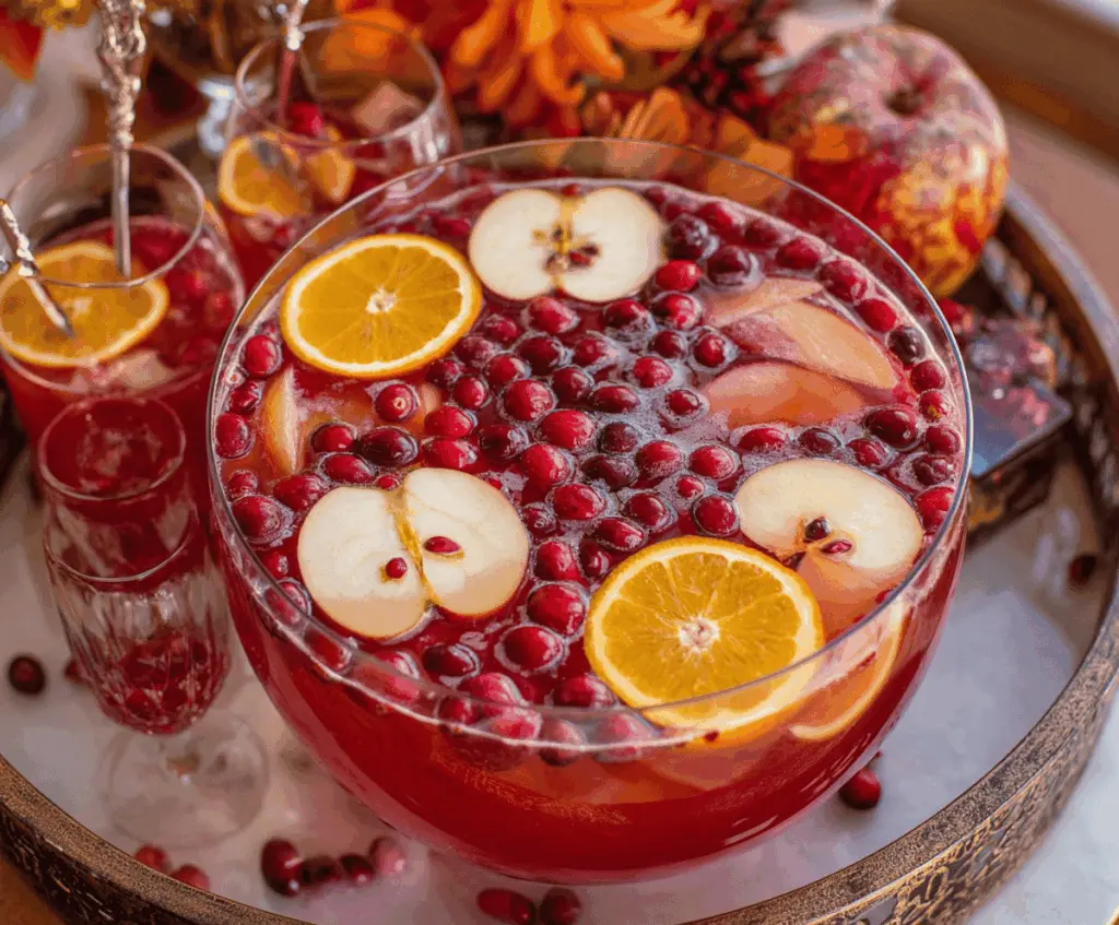 Colorful Thanksgiving Punch in a glass pitcher with fresh fruit garnishes, perfect for holiday celebrations.