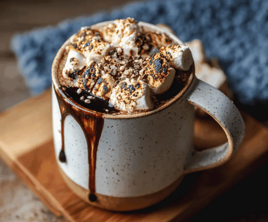 A steaming cup of toasted marshmallow hot cocoa topped with melted marshmallows and chocolate, served with toasted marshmallow garnish on top.