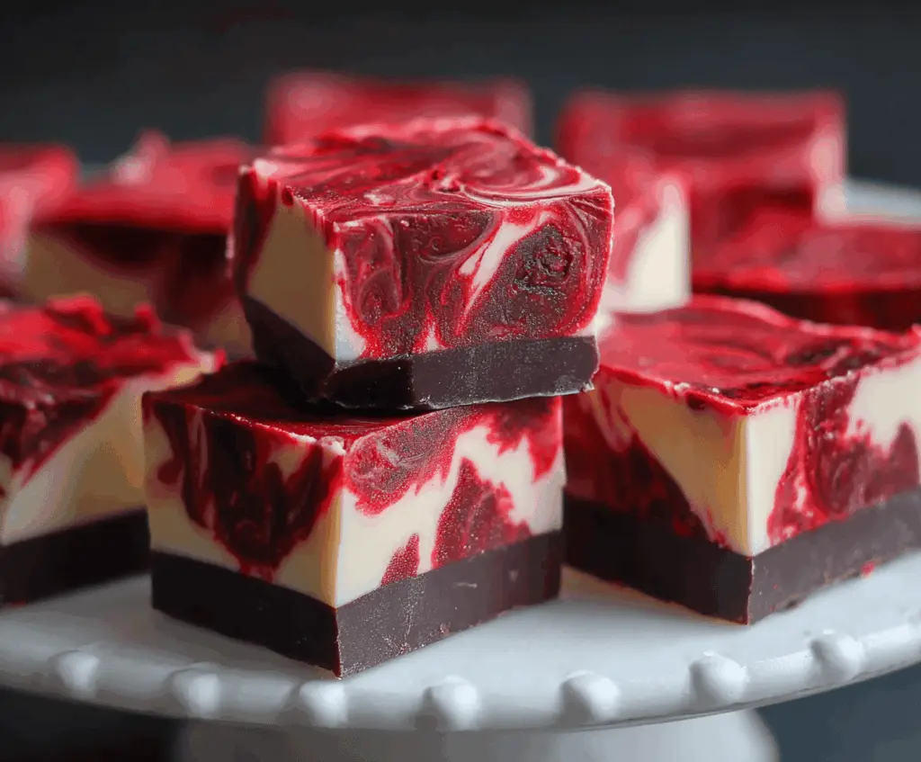 Rich and creamy Vampire Fudge with spooky red and black coloring, perfect for Halloween treats and parties.