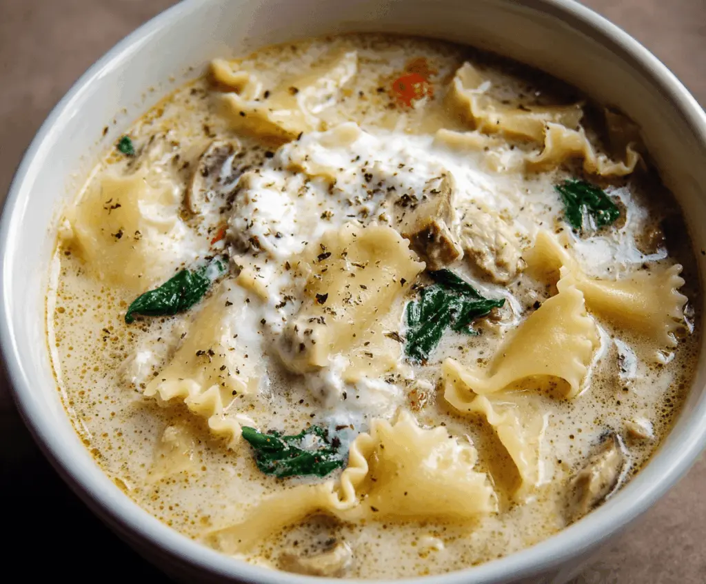 Creamy white lasagna soup garnished with fresh basil and melted cheese in a bowl, served with bread on the side.