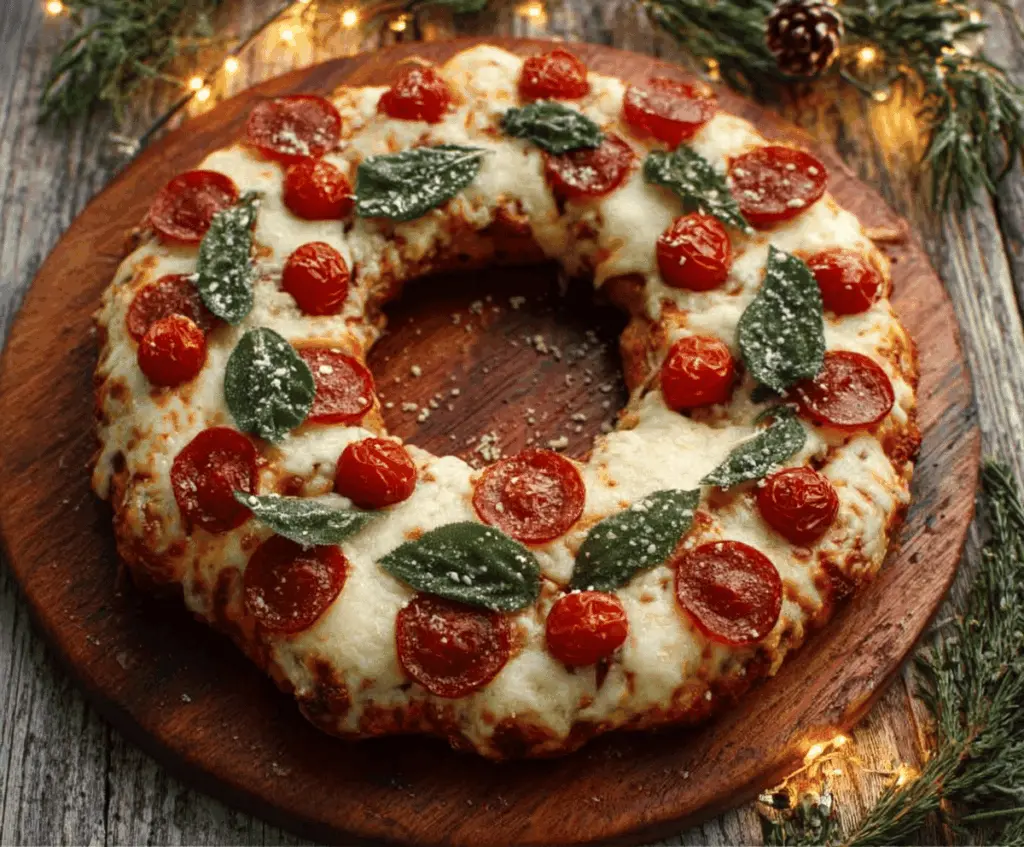 Delicious wreath-shaped pizza with colorful toppings on a rustic wooden table