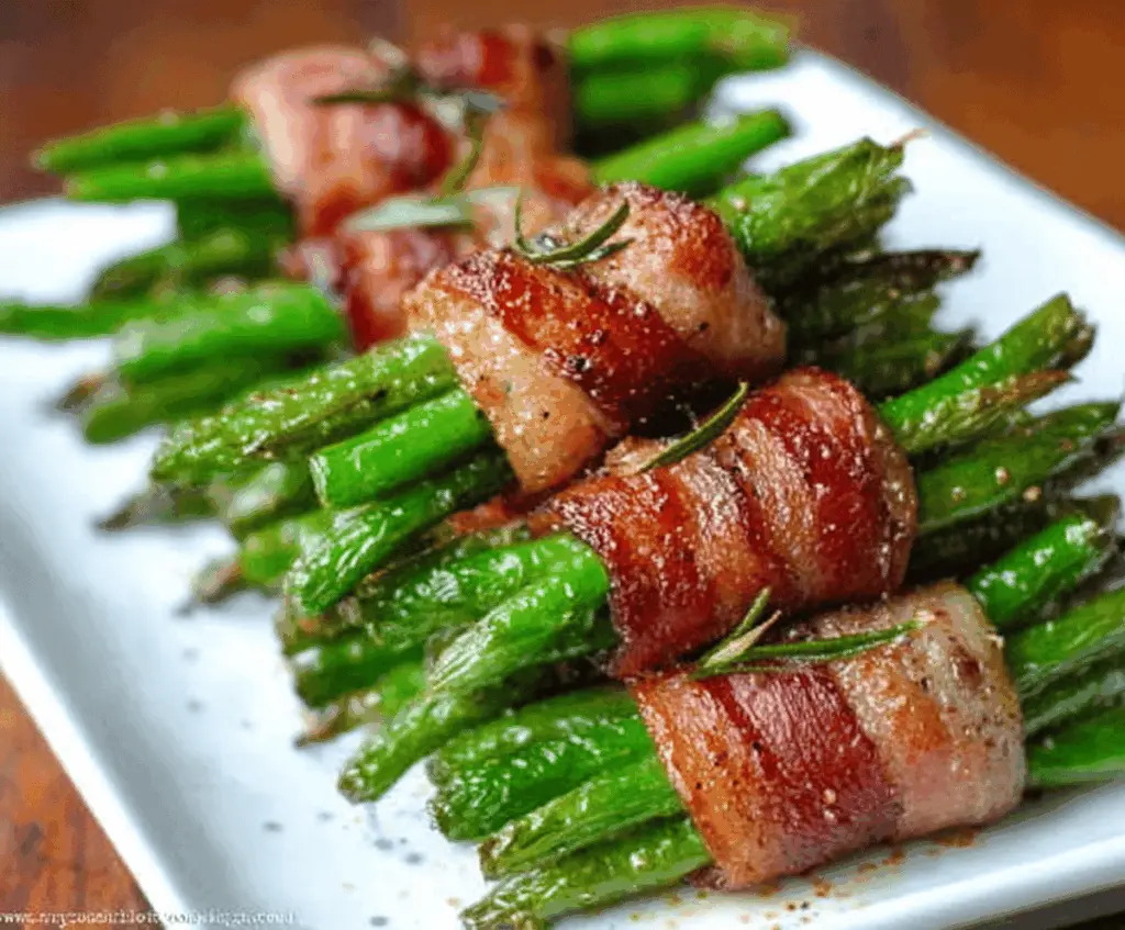 Delicious bacon-wrapped green bean bundles garnished with fresh herbs on a serving platter.