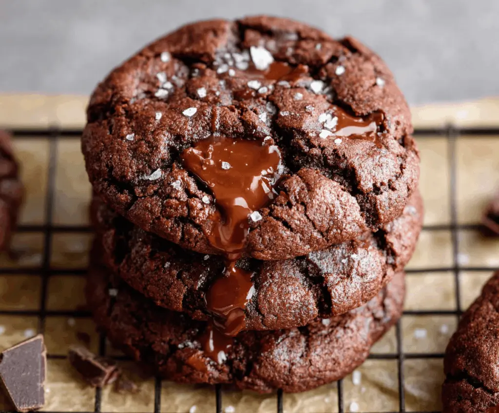 Delicious bakery-style double chocolate chip cookie fresh out of the oven, featuring rich, gooey chocolate chunks.